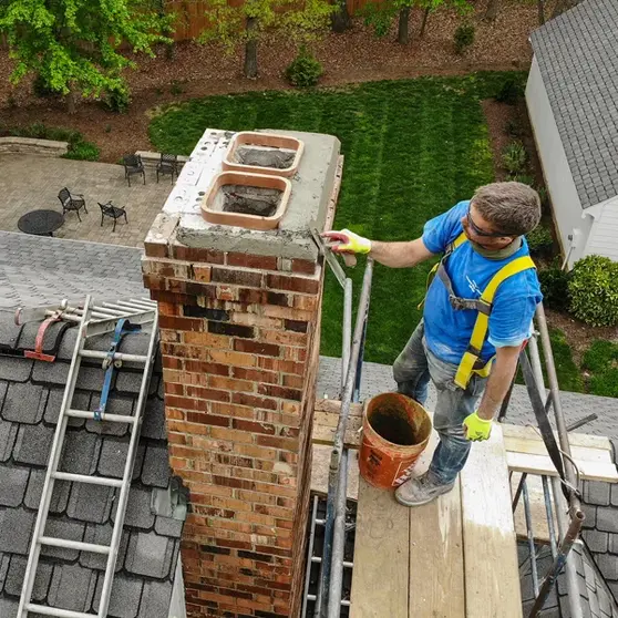 Technician applying mortar to a chimney cap on a roof- Texas Chimney LLC .