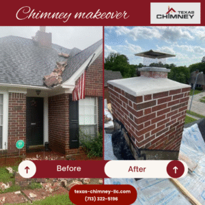 Before and after of a complete chimney makeover, showing a dirty, worn brick chimney transformed into a clean, well-maintained one