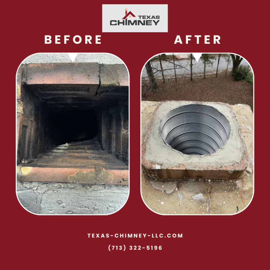 Before and after of a chimney interior cleaning, showing a soot-filled firebox transformed into a clean and clear one