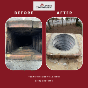 Before and after of a chimney interior cleaning, showing a soot-filled firebox transformed into a clean and clear one