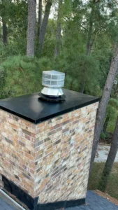 Clean brick chimney with new black top and screened metal vent